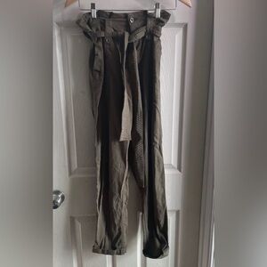 Topshop Pants 2 Womens Regular Size Green High Rise Cuffed Belted Casual Pockets